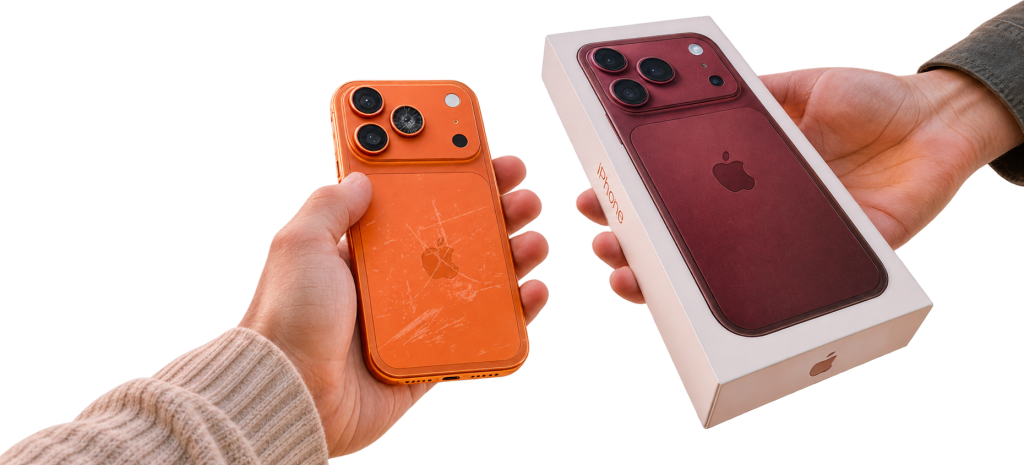Старый оранжевый iPhone рядом с новым iPhone в коробке
